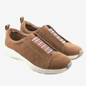 Lands’ End Slip On Sneakers Womens 10 Quilted Suede Tan Multicolor Stripe Sporty